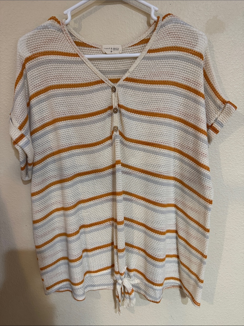 french pastry White and Mustard Striped Button V-Neck Knit Top